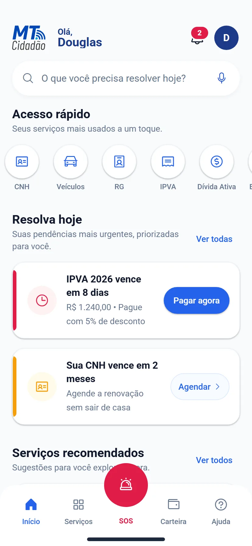 Tela de início do app MT Cidadão, com acesso rápido e pendências priorizadas