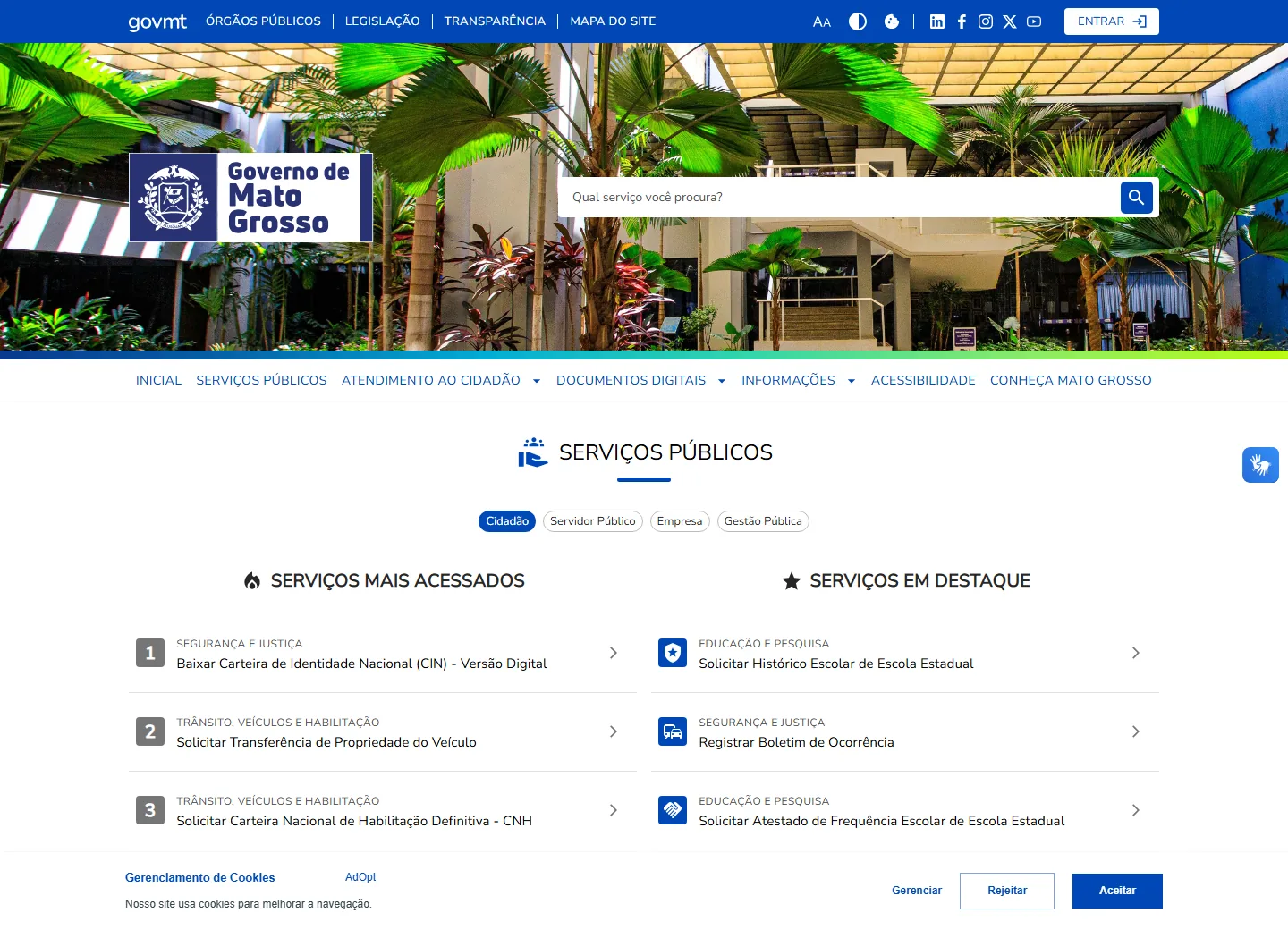 Página inicial do Portal de Serviços do Governo de Mato Grosso